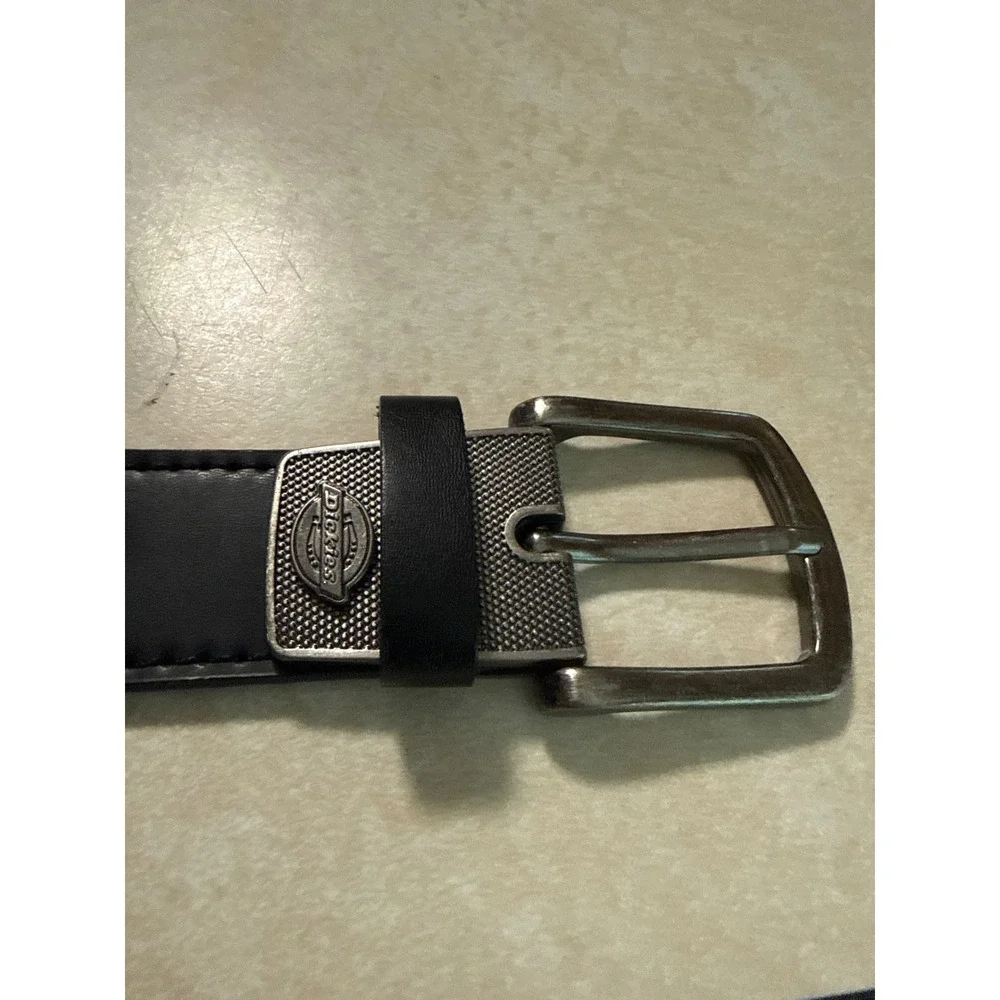 Dickies Mens Leather Belt Black Stitched Silver‎ Buckle Logo XL 42-44